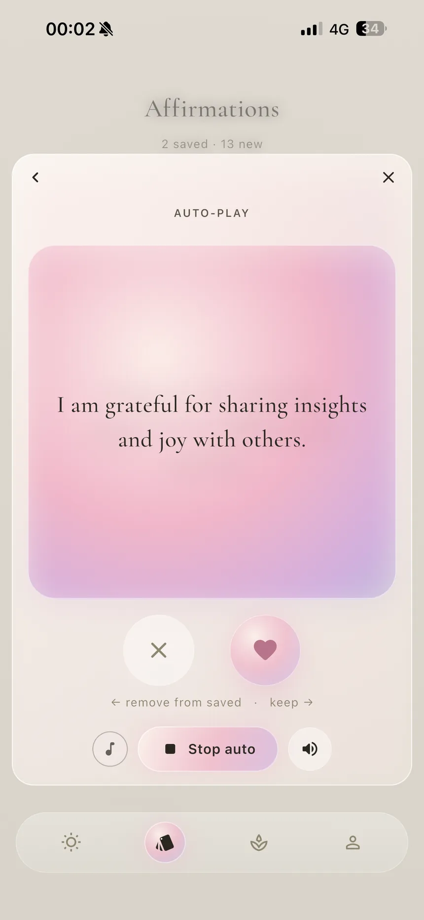 Auto-play mode in Perla reading saved affirmations aloud — 'I am grateful for sharing insights and joy with others' — with stop, music, and volume controls