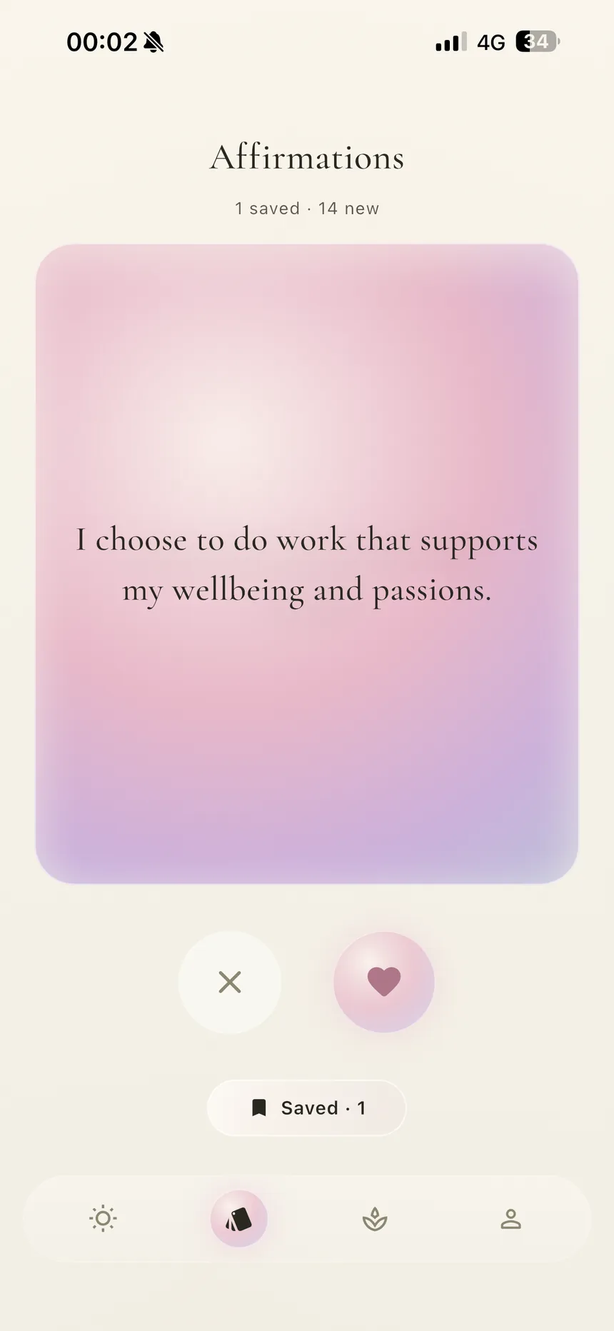 Perla's daily affirmation deck — a rose gradient card reading 'I choose to do work that supports my wellbeing and passions', with swipe and save controls and 14 new affirmations