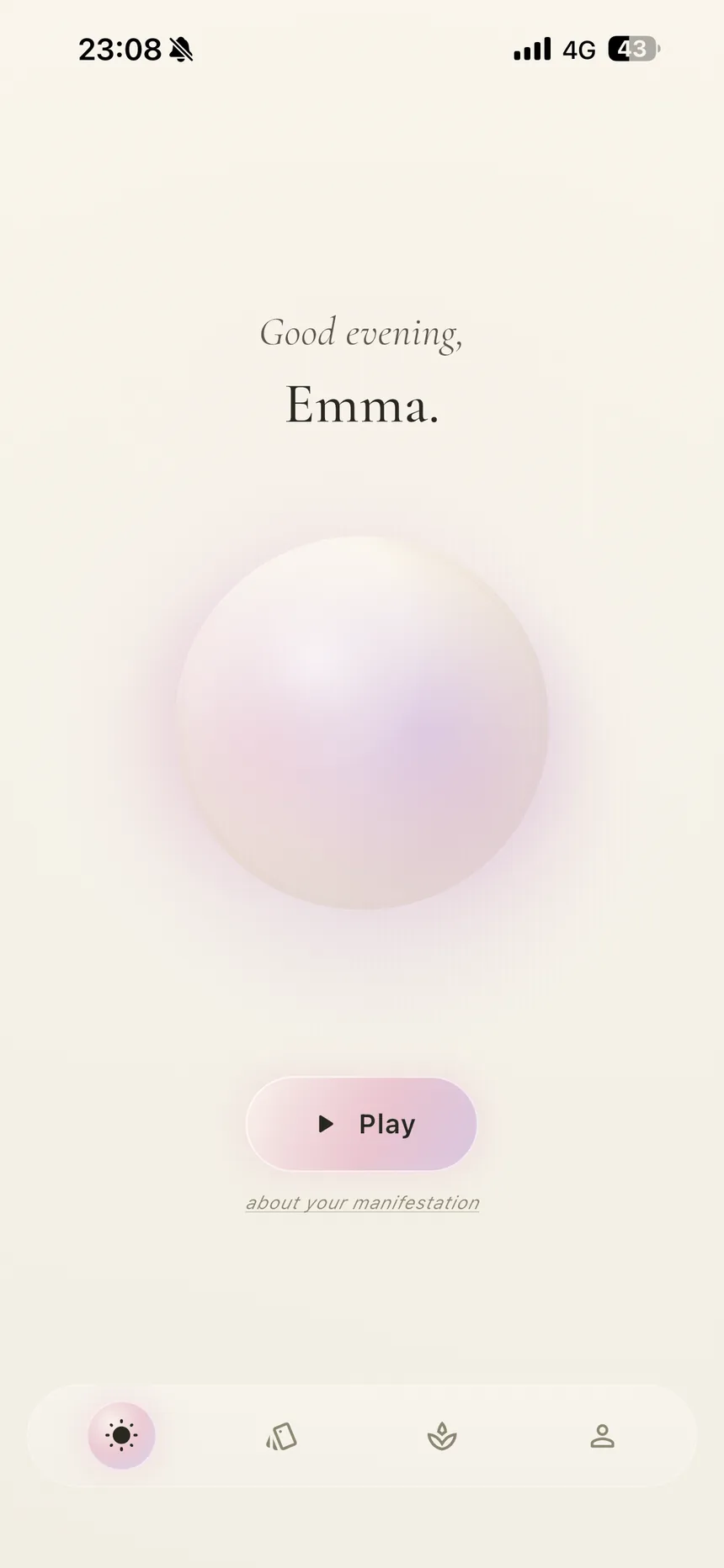 Perla app home screen: a soft pearl orb beneath the greeting 'Good evening, Emma', with a Play button for the day's manifestation audio