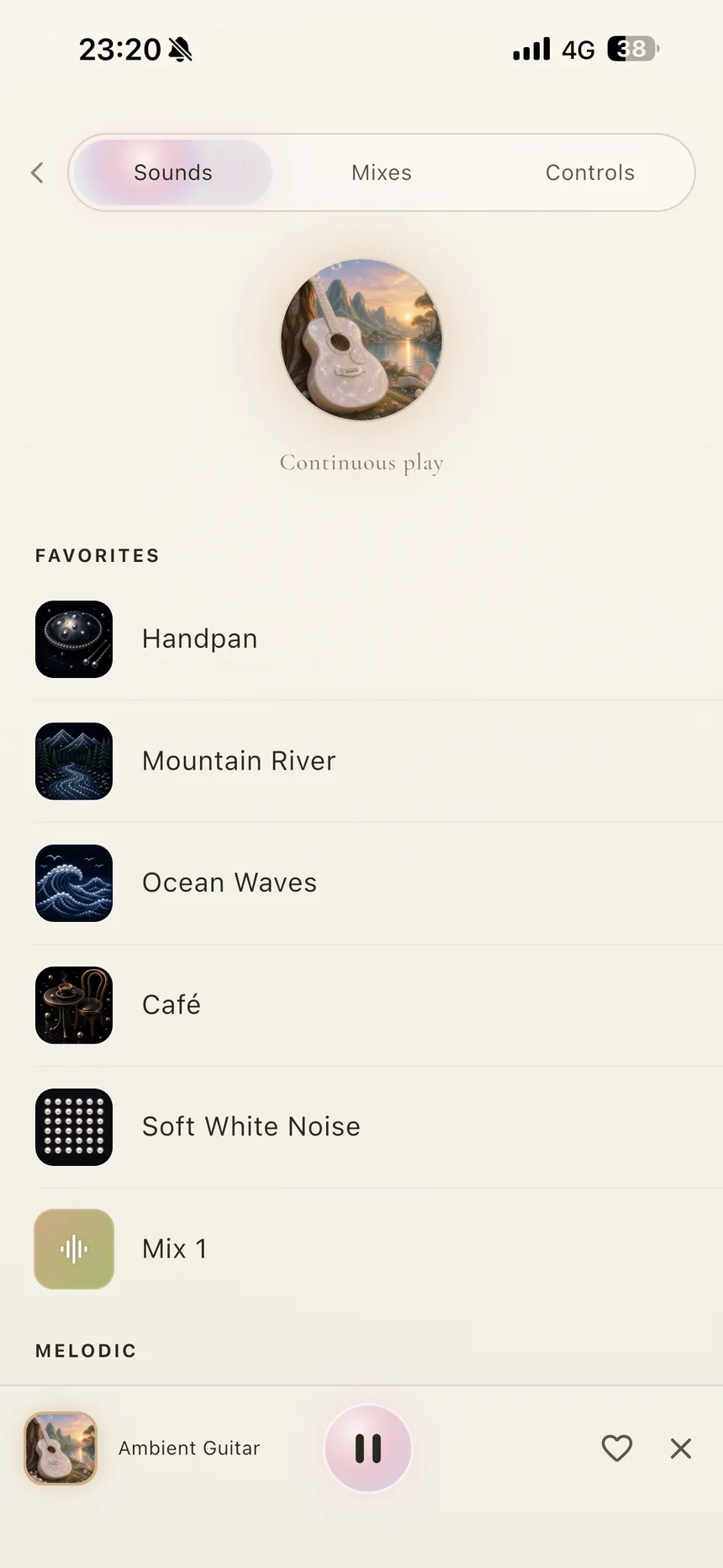 Perla focus sounds library in Continuous play mode, with favorites: Handpan, Mountain River, Ocean Waves, Café, Soft White Noise, and a saved mix