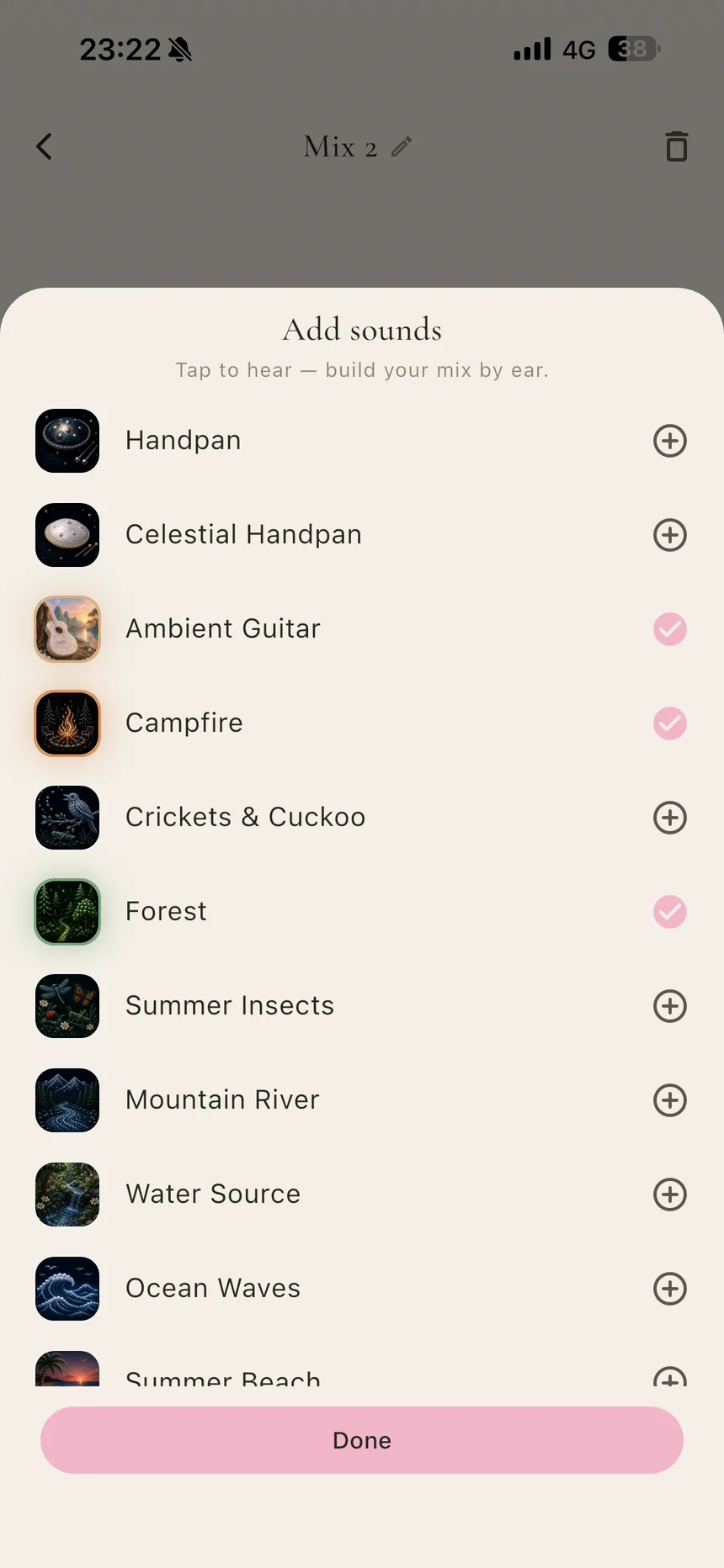 Perla's Add sounds mixer sheet — 'tap to hear, build your mix by ear' — with Ambient Guitar, Campfire, and Forest selected among Handpan, Crickets and Cuckoo, Water Source, and Ocean Waves