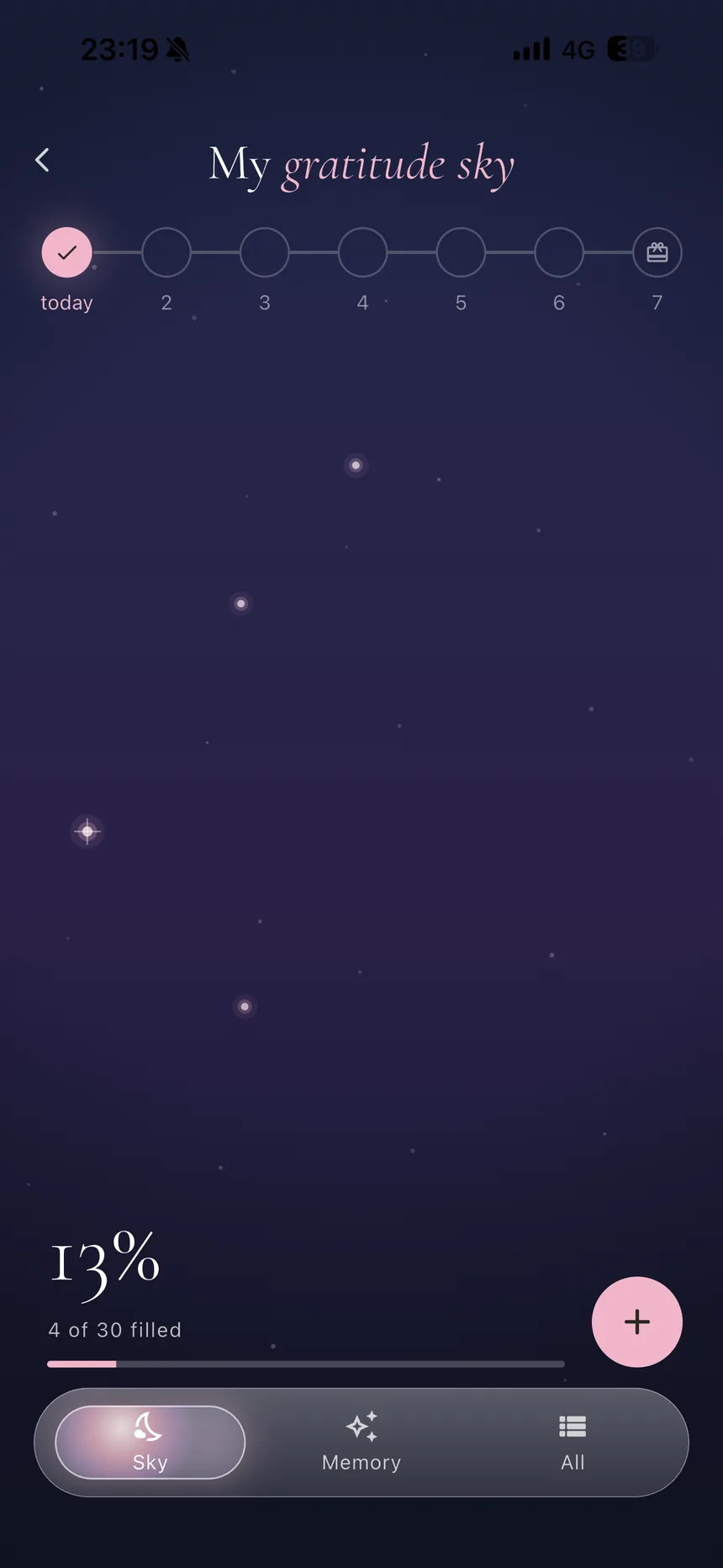 My gratitude sky in Perla — a deep violet night sky with glowing stars for each gratitude entry, a weekly streak tracker, and '4 of 30 filled' progress