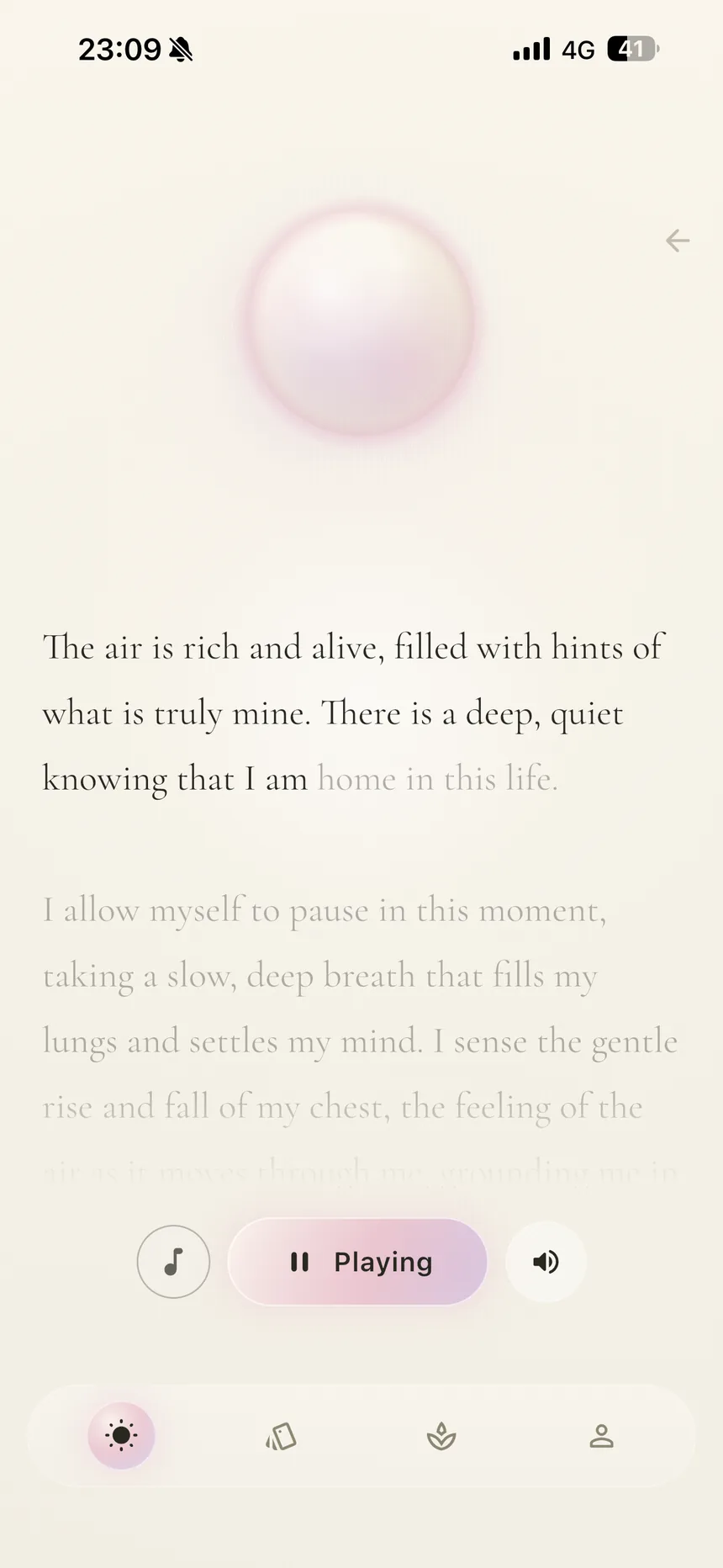 Manifestation audio playing in Perla — the narrative text 'The air is rich and alive, filled with hints of what is truly mine' highlighted line by line under a glowing pearl