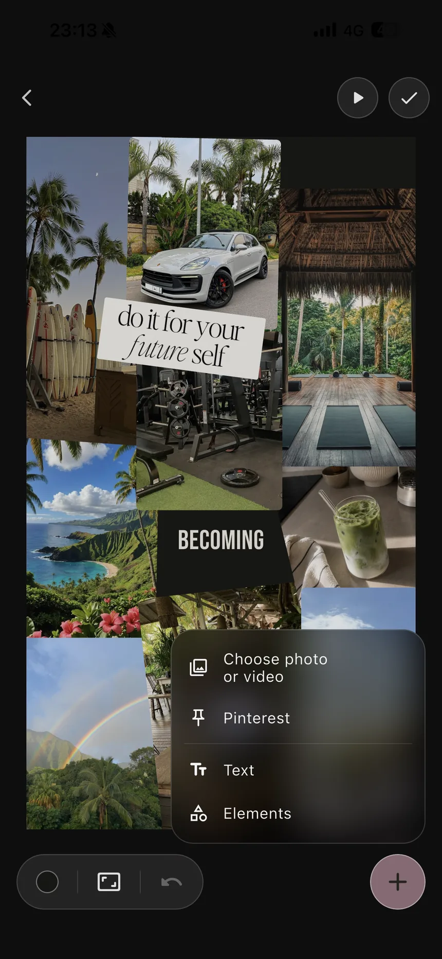 Perla vision board editor with the add menu open: choose photo or video, Pinterest import, text, and elements over a collage of travel and gym photos