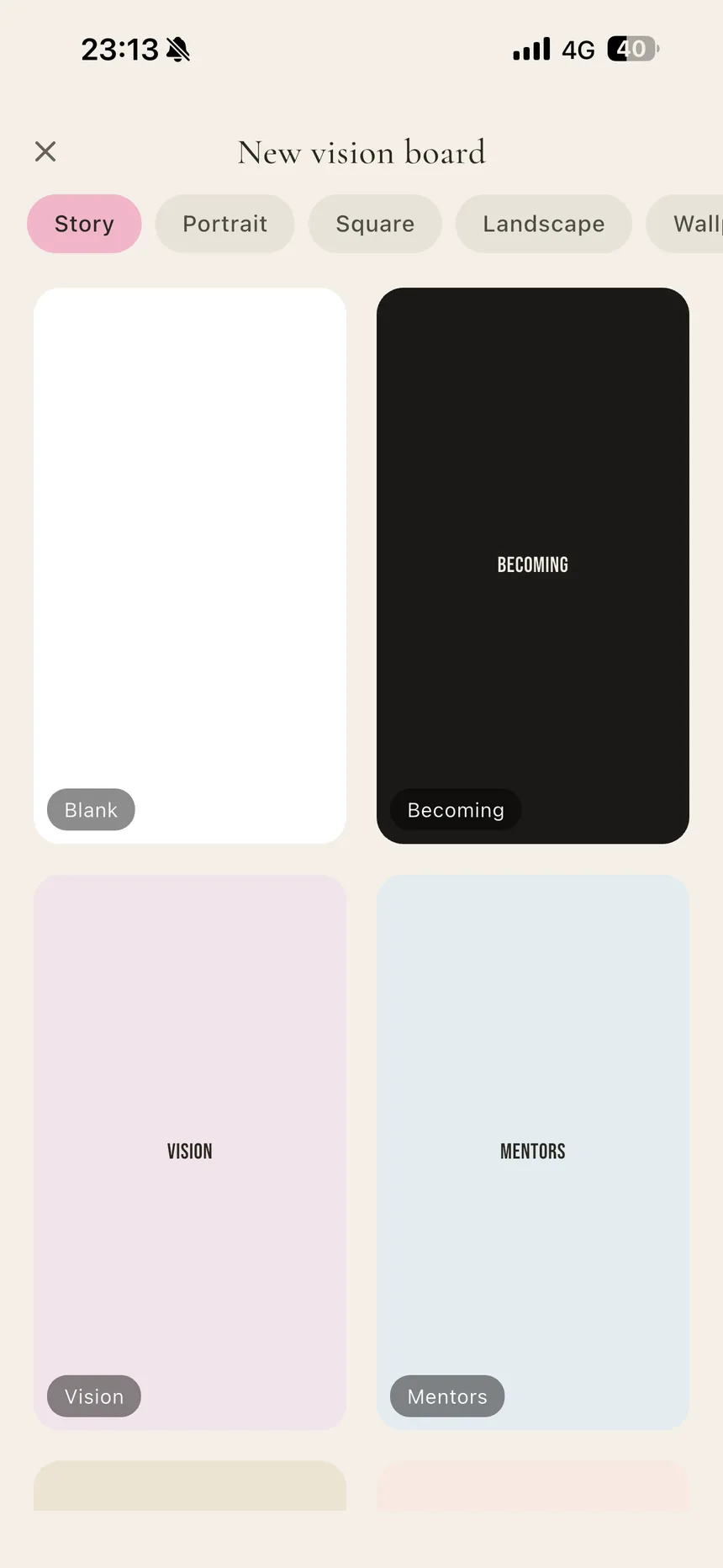 Perla's New vision board screen with format options — Story, Portrait, Square, Landscape, Wallpaper — and background templates like Becoming, Vision, and Mentors