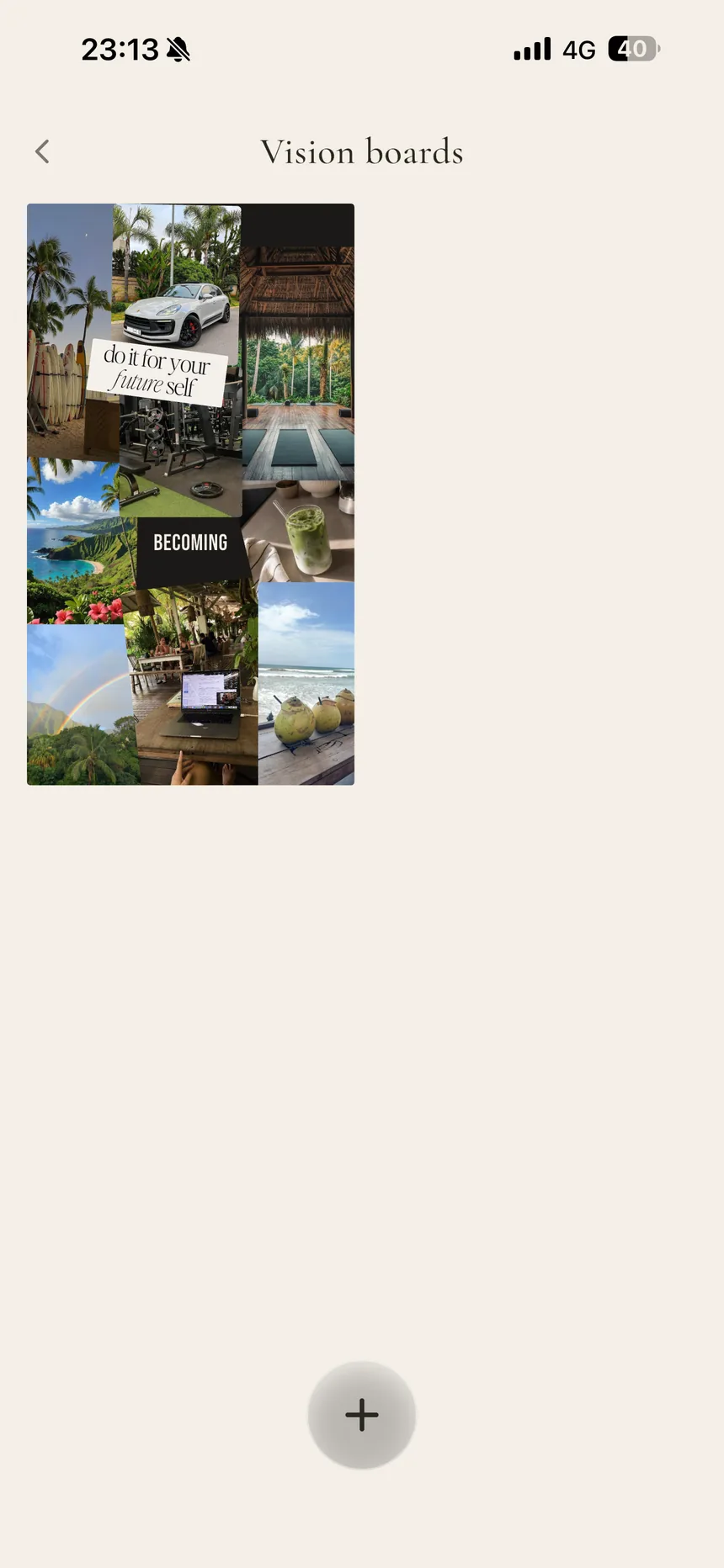 A finished vision board in Perla — a collage of beaches, a car, a jungle yoga deck and the words 'do it for your future self' and 'Becoming'